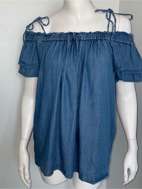 LOFT Off-Shoulder Chambray Tie-Strap Top - Denim Blue
